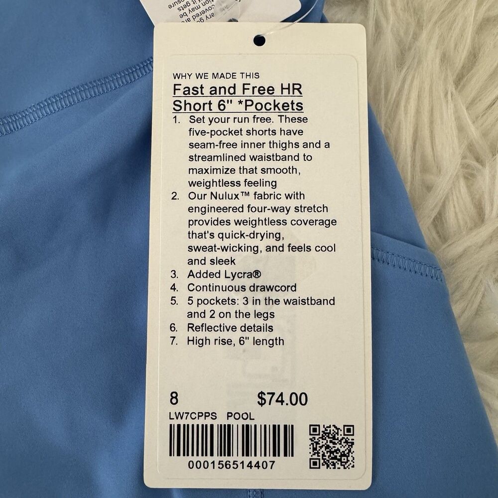 Lululemon Fast And Free High Rise Shorts Women’s 8 Pool Party Blue 6” Pocket NWT - Picture 3 of 16
